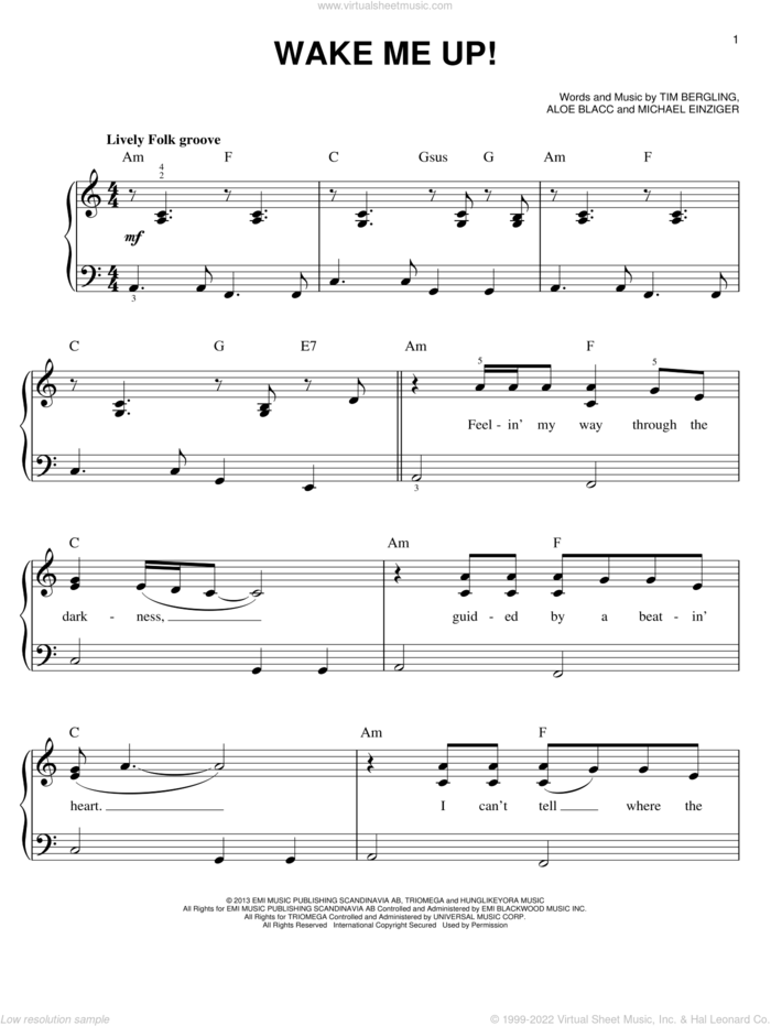 Wake Me Up! sheet music for piano solo by Avicii, beginner skill level