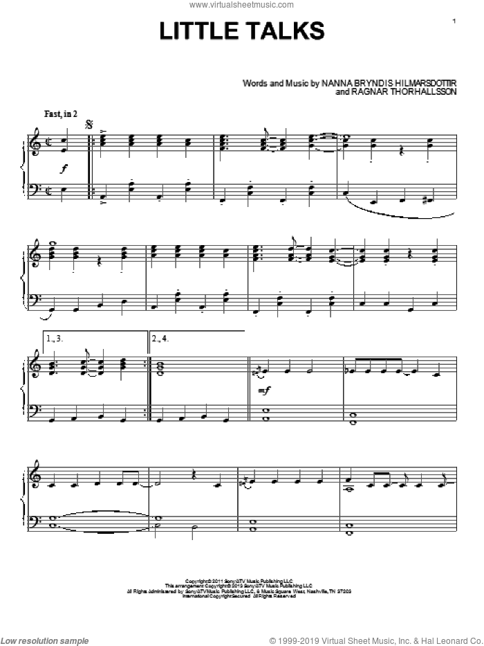 Little Talks, (intermediate) sheet music for piano solo by Of Monsters And Men, intermediate skill level