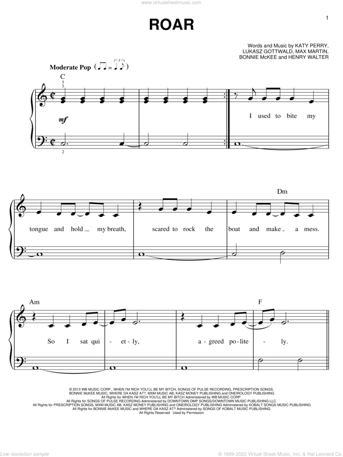 Roar, (beginner) sheet music for piano solo by Katy Perry, beginner skill level