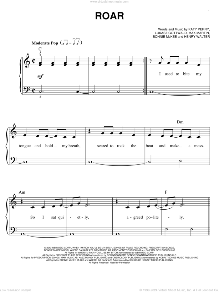 Roar, (beginner) sheet music for piano solo by Katy Perry, beginner skill level