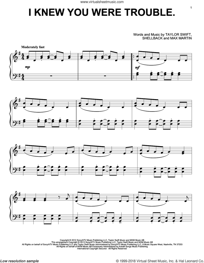 I Knew You Were Trouble, (intermediate) sheet music for piano solo by Taylor Swift, intermediate skill level