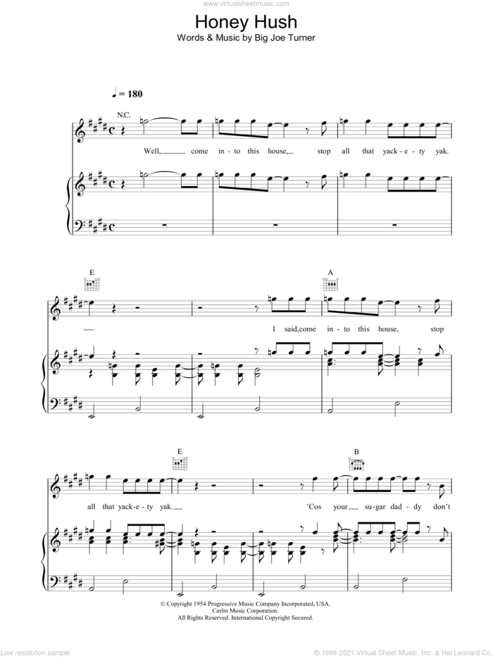 Honey Hush sheet music for voice, piano or guitar by Paul McCartney and Big Joe Turner, intermediate skill level