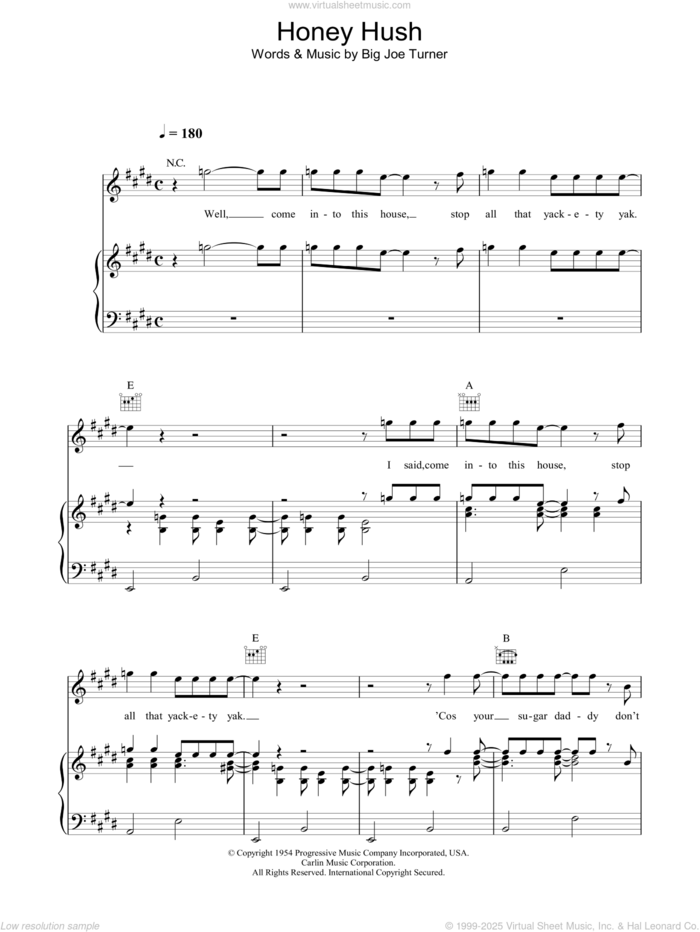 Honey Hush sheet music for voice, piano or guitar by Paul McCartney and Big Joe Turner, intermediate skill level