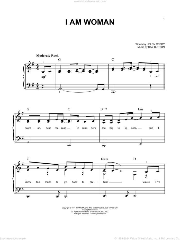 I Am Woman sheet music for piano solo by Helen Reddy and Ray Burton, easy skill level