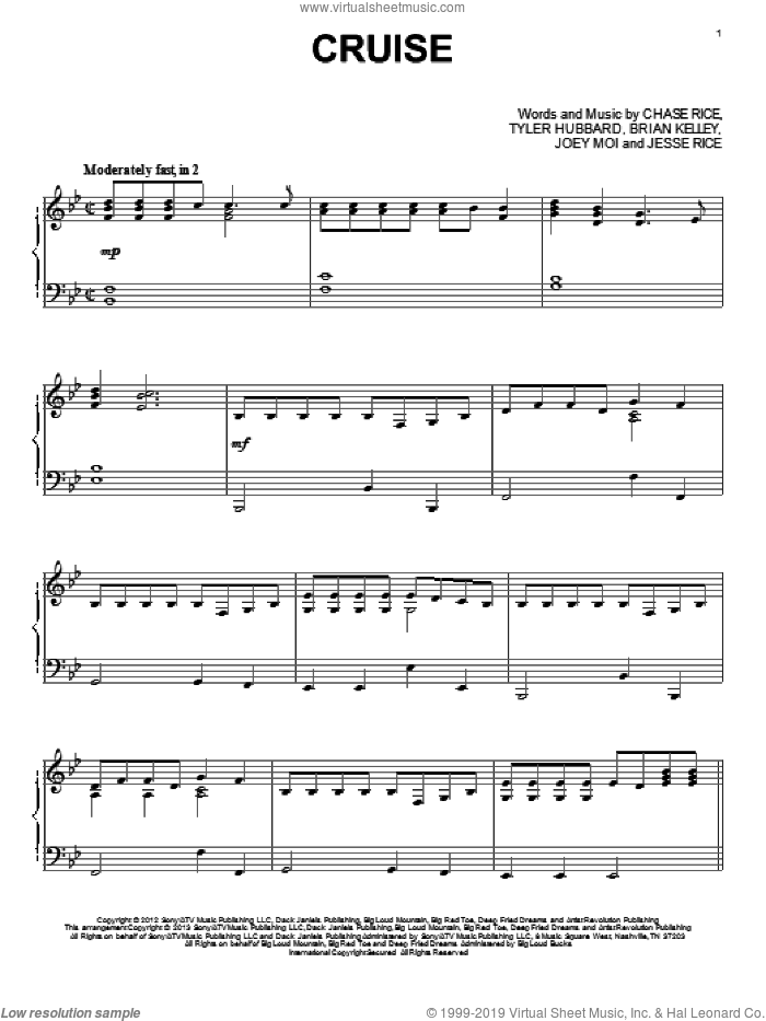 Cruise sheet music for piano solo by Florida Georgia Line, intermediate skill level