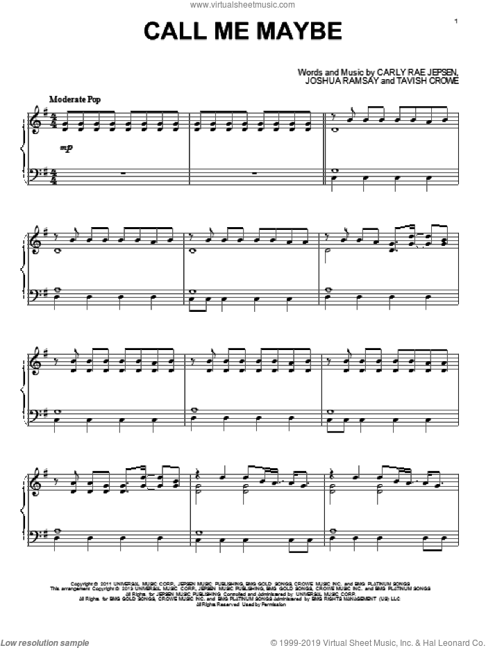 Call Me Maybe, (intermediate) sheet music for piano solo by Carly Rae Jepsen, intermediate skill level