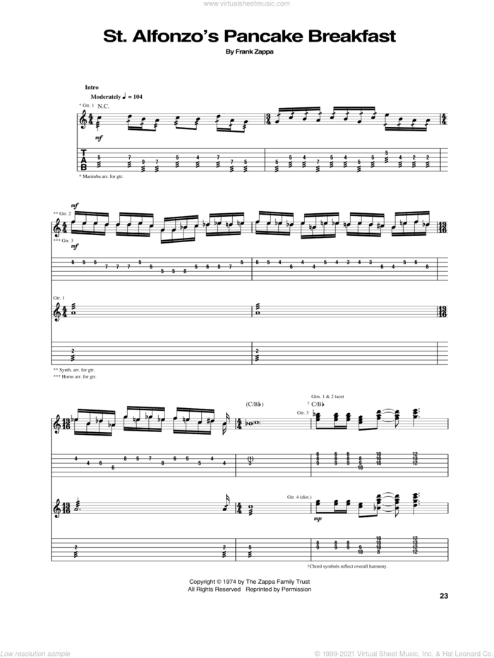 St. Alfonzo's Pancake Breakfast sheet music for guitar (tablature) by Frank Zappa, intermediate skill level