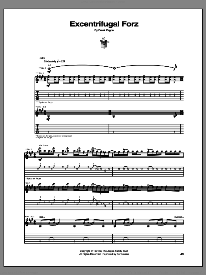 Excentrifugal Forz sheet music for guitar (tablature) by Frank Zappa, intermediate skill level