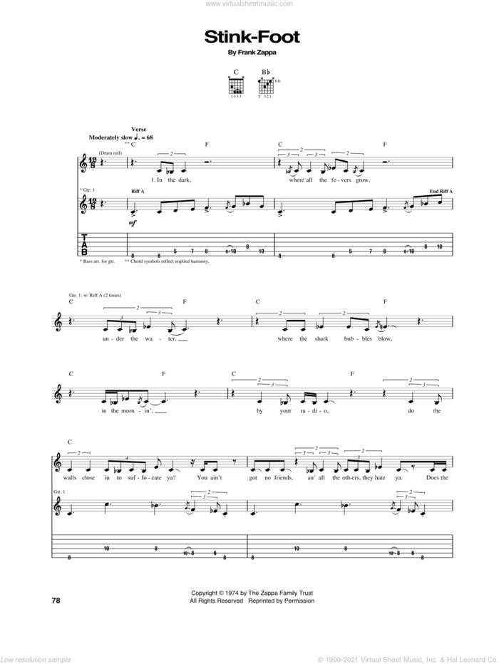 Stink-Foot sheet music for guitar (tablature) by Frank Zappa, intermediate skill level