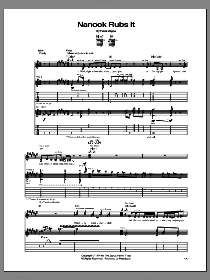 Nanook Rubs It sheet music for guitar (tablature) by Frank Zappa, intermediate skill level