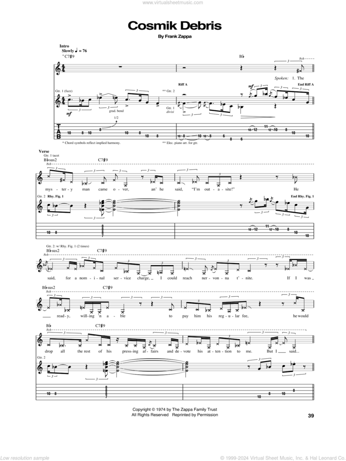 Cosmik Debris sheet music for guitar (tablature) by Frank Zappa, intermediate skill level