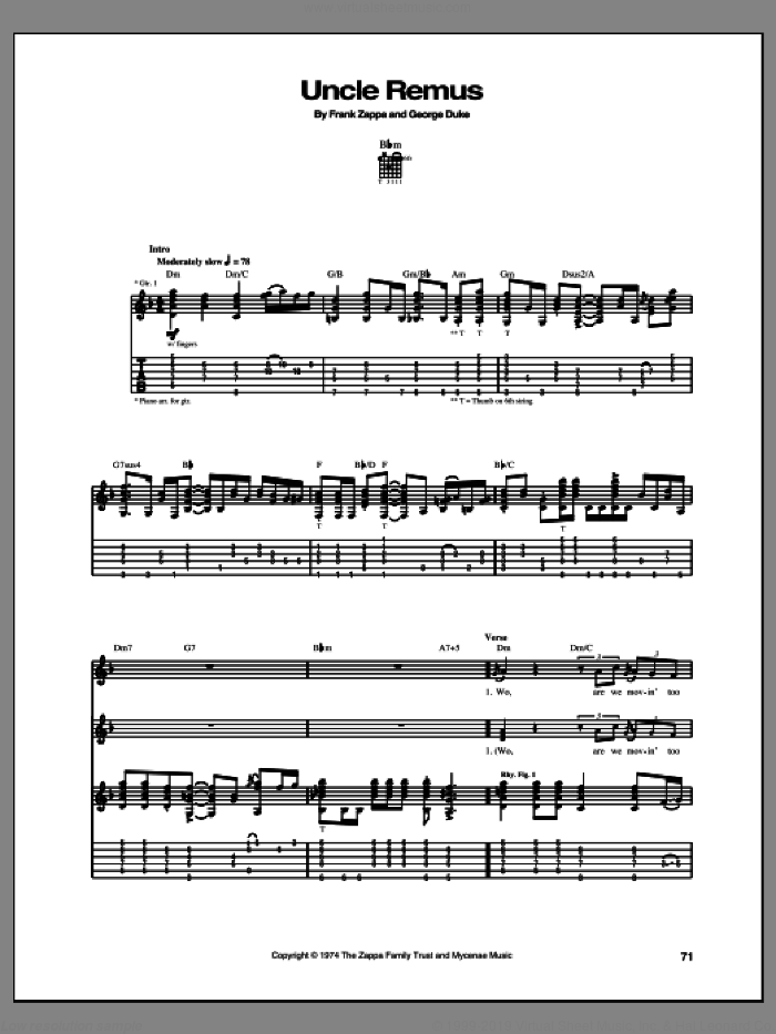 Uncle Remus sheet music for guitar (tablature) by Frank Zappa, intermediate skill level