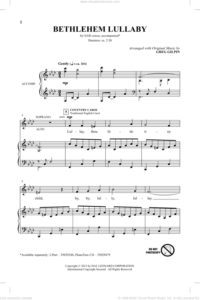 Bethlehem Lullaby sheet music for choir (SAB: soprano, alto, bass) by Greg Gilpin, intermediate skill level