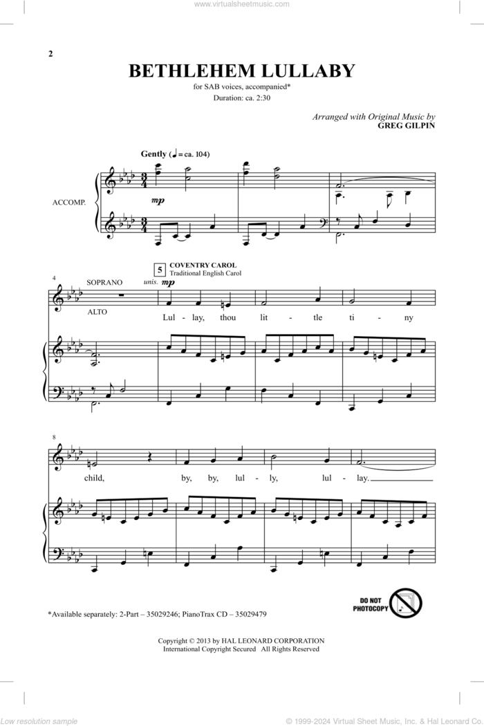 Bethlehem Lullaby sheet music for choir (SAB: soprano, alto, bass) by Greg Gilpin, intermediate skill level