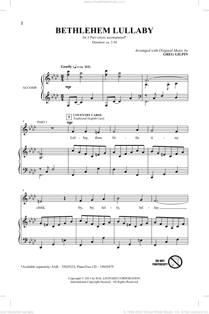 Bethlehem Lullaby sheet music for choir (2-Part) by Greg Gilpin, intermediate duet