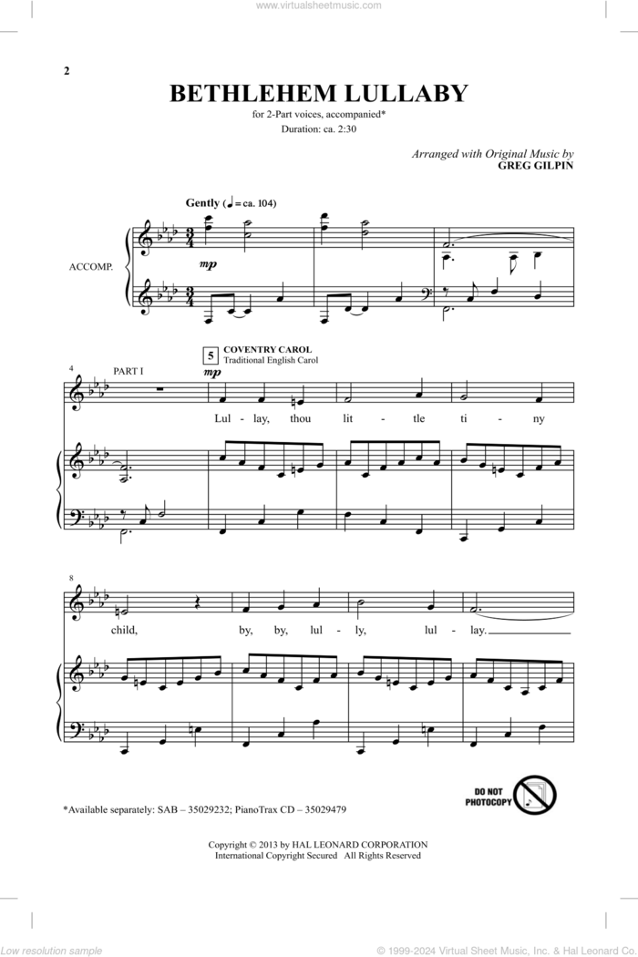 Bethlehem Lullaby sheet music for choir (2-Part) by Greg Gilpin, intermediate duet