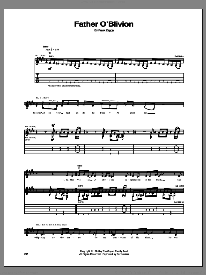 Father O'Blivion sheet music for guitar (tablature) by Frank Zappa, intermediate skill level