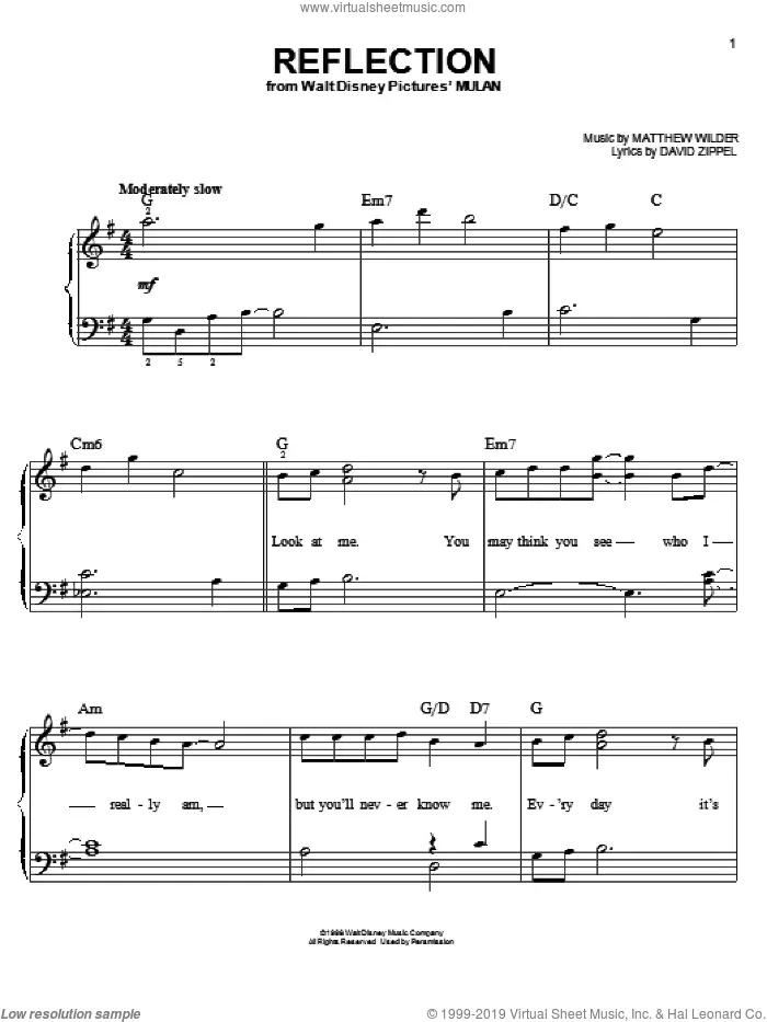 Reflection (Pop Version) (from Mulan) sheet music for piano solo by Christina Aguilera, David Zippel and Matthew Wilder, easy skill level