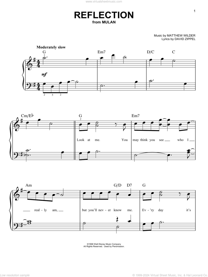 Reflection (Pop Version) (from Mulan), (easy) sheet music for piano solo by Christina Aguilera, David Zippel and Matthew Wilder, easy skill level