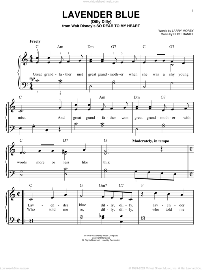 Lavender Blue (Dilly Dilly) (from So Dear To My Heart), (easy) sheet music for piano solo by Burl Ives, Eliot Daniel, Larry Morey and Sammy Turner, easy skill level