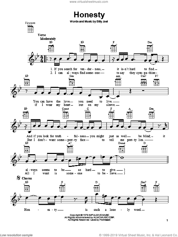 Honesty sheet music for ukulele by Billy Joel, intermediate skill level