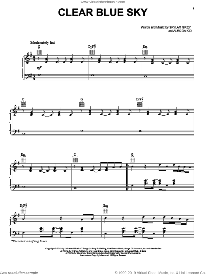 Clear Blue Sky sheet music for voice, piano or guitar by Skylar Grey, intermediate skill level
