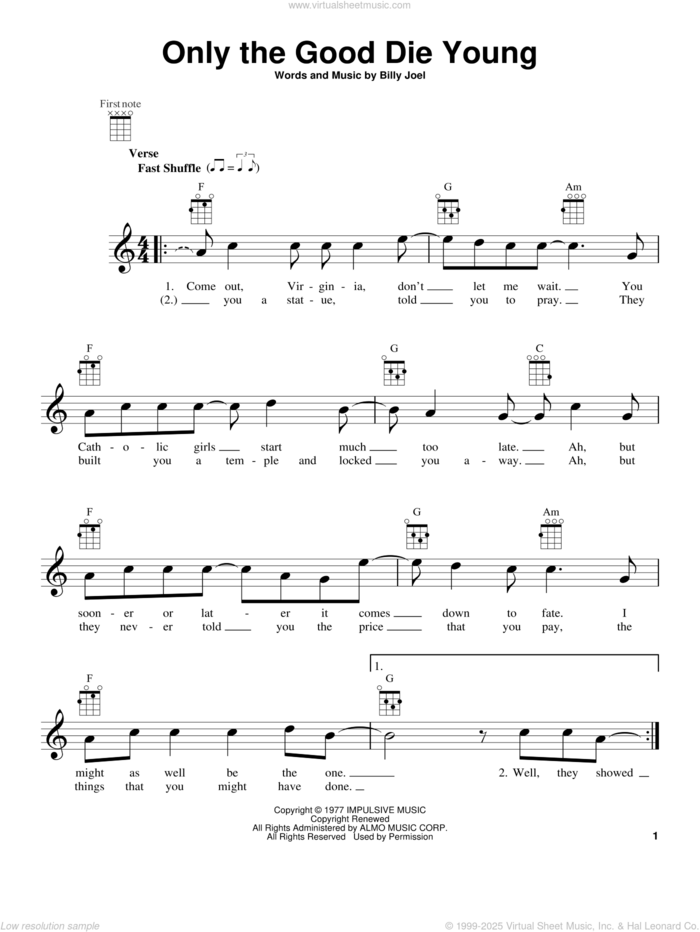 Only The Good Die Young sheet music for ukulele by Billy Joel, intermediate skill level