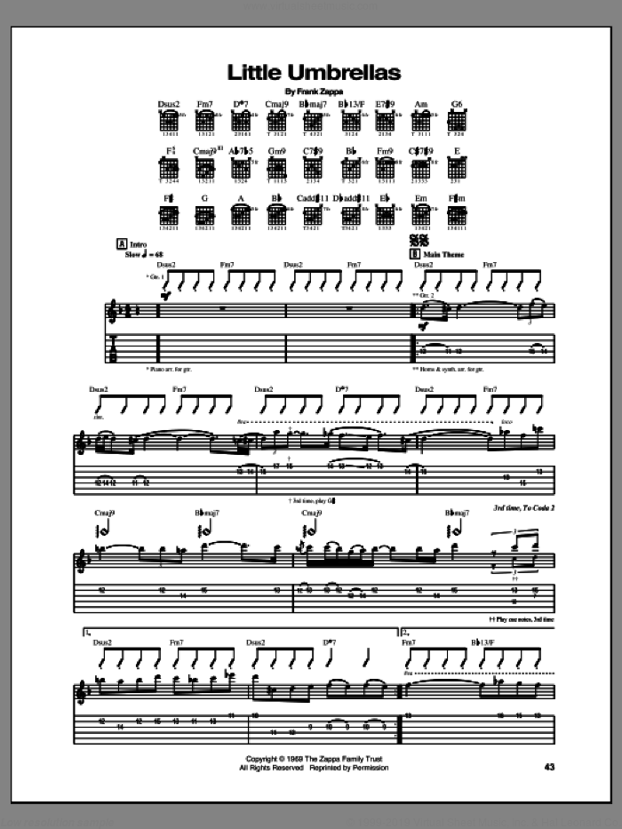 Little Umbrellas sheet music for guitar (tablature) by Frank Zappa, intermediate skill level