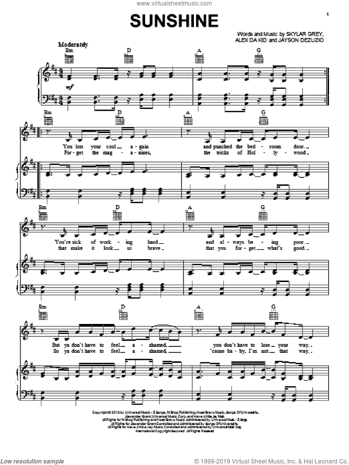 Sunshine sheet music for voice, piano or guitar by Skylar Grey, intermediate skill level