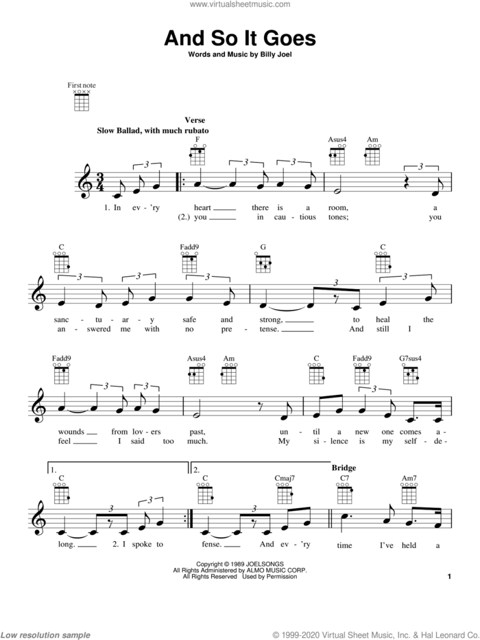 And So It Goes sheet music for ukulele by Billy Joel, intermediate skill level