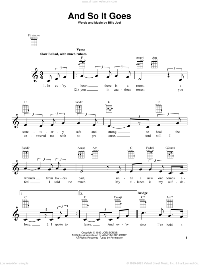 And So It Goes sheet music for ukulele by Billy Joel, intermediate skill level