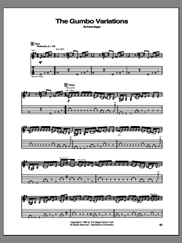 The Gumbo Variations sheet music for guitar (tablature) by Frank Zappa, intermediate skill level