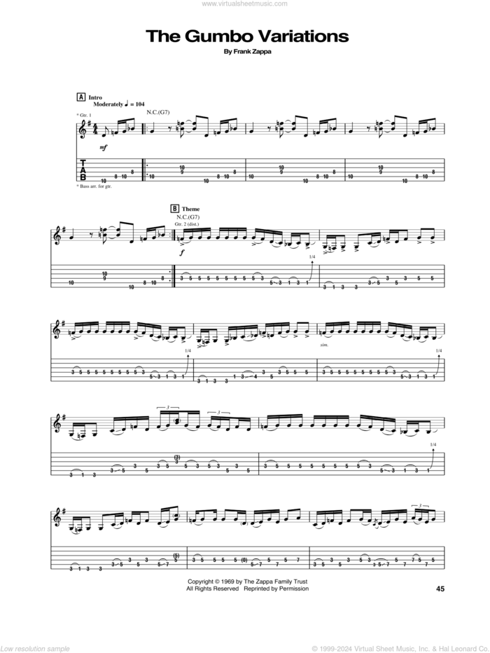 The Gumbo Variations sheet music for guitar (tablature) by Frank Zappa, intermediate skill level