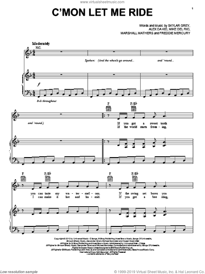 C'mon Let Me Ride sheet music for voice, piano or guitar by Skylar Grey, intermediate skill level