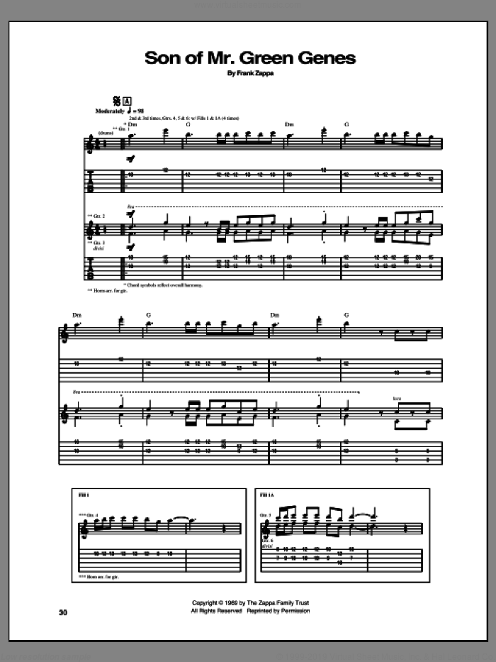 Son Of Mr. Green Genes sheet music for guitar (tablature) by Frank Zappa, intermediate skill level