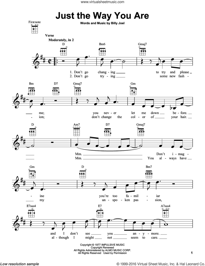 Just The Way You Are sheet music for ukulele by Billy Joel, wedding score, intermediate skill level