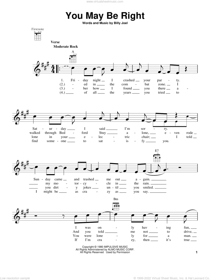 You May Be Right sheet music for ukulele by Billy Joel, intermediate skill level