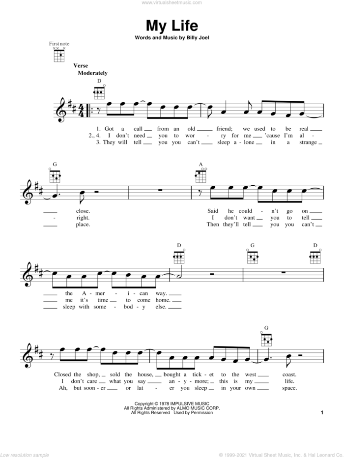 My Life sheet music for ukulele by Billy Joel, intermediate skill level