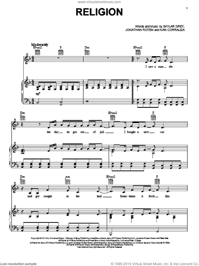 Religion sheet music for voice, piano or guitar by Skylar Grey, intermediate skill level