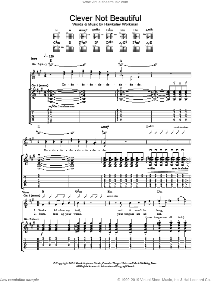 Clever Not Beautiful sheet music for guitar (tablature) by Hawksley Workman, intermediate skill level