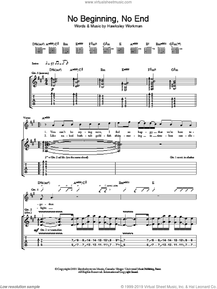 No Beginning No End sheet music for guitar (tablature) by Hawksley Workman, intermediate skill level