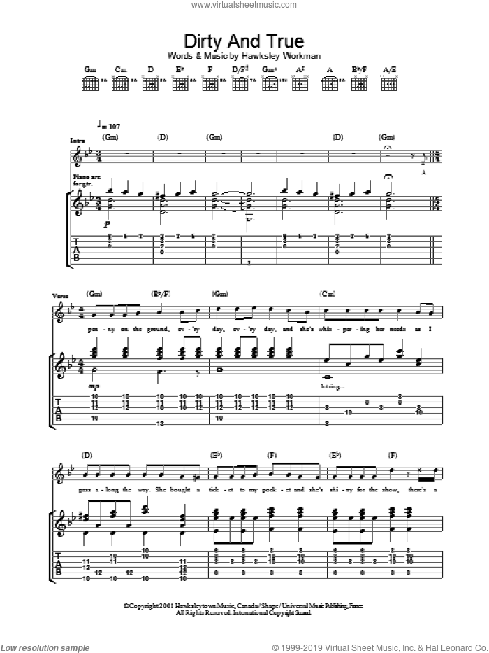 Dirty And True sheet music for guitar (tablature) by Hawksley Workman, intermediate skill level
