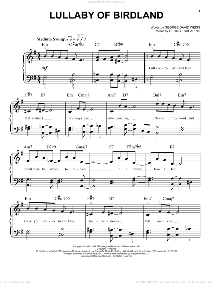 Lullaby Of Birdland, (easy) sheet music for piano solo by George Shearing and George David Weiss, easy skill level