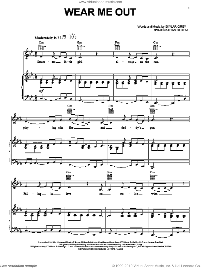 Wear Me Out sheet music for voice, piano or guitar by Skylar Grey, intermediate skill level