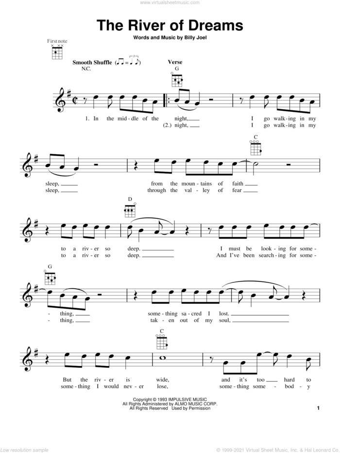 The River Of Dreams sheet music for ukulele by Billy Joel, intermediate skill level