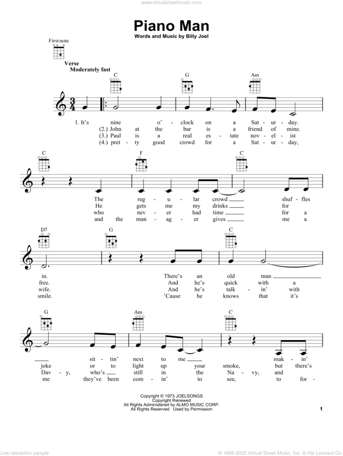 Piano Man sheet music for ukulele by Billy Joel, intermediate skill level