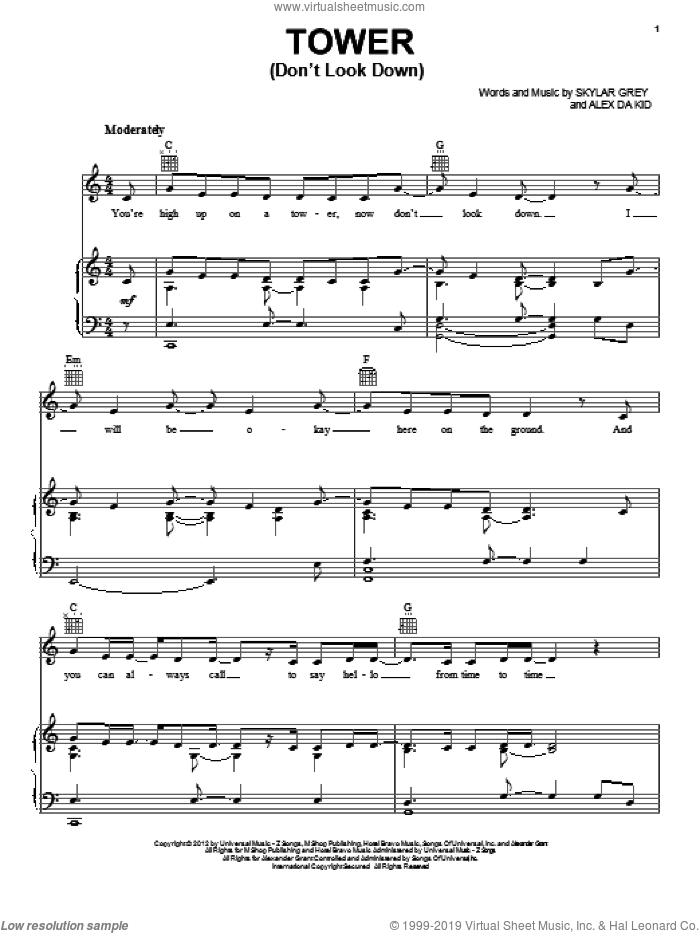 Tower (Don't Look Down) sheet music for voice, piano or guitar by Skylar Grey, intermediate skill level