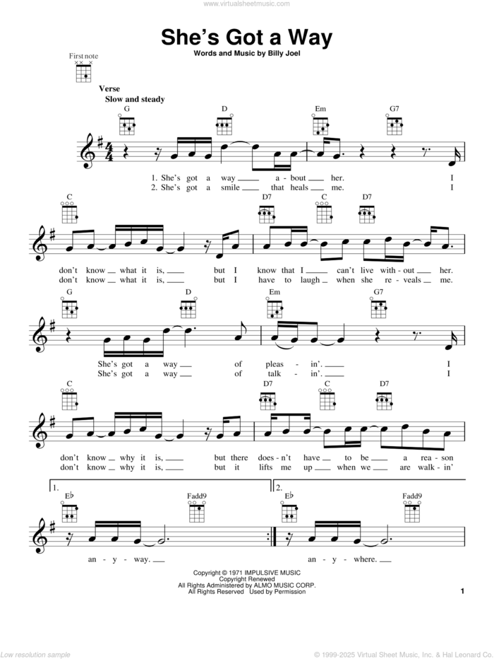 She's Got A Way sheet music for ukulele by Billy Joel, intermediate skill level