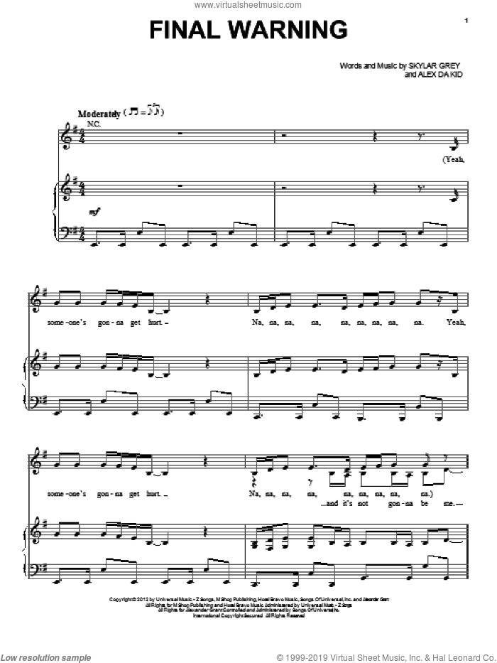 Final Warning sheet music for voice, piano or guitar by Skylar Grey, intermediate skill level