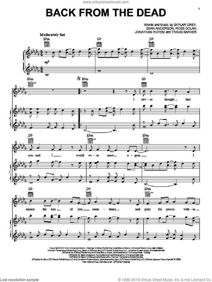 Back From The Dead sheet music for voice, piano or guitar by Skylar Grey, intermediate skill level